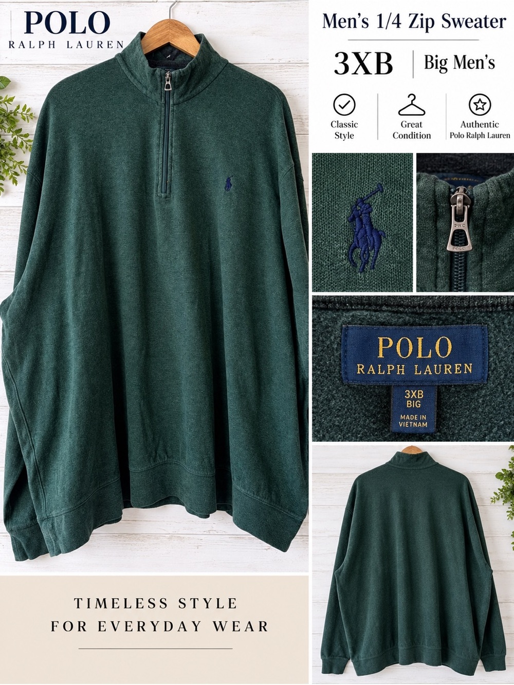 Polo Ralph Lauren Dark Green Mens 3XB Pullover 1/4 Zip Sweater